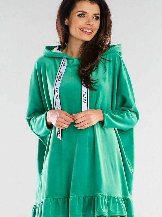 Awama Mini Dress with Hood Green