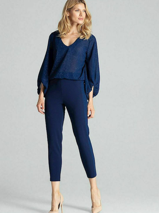 Figl Women's High-waisted Fabric Capri Trousers in Tapered Line Navy Blue