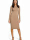 Stylove All Day Long Sleeve Cotton Midi Dress with Boatneck Beige , Slim Fit S152 130434