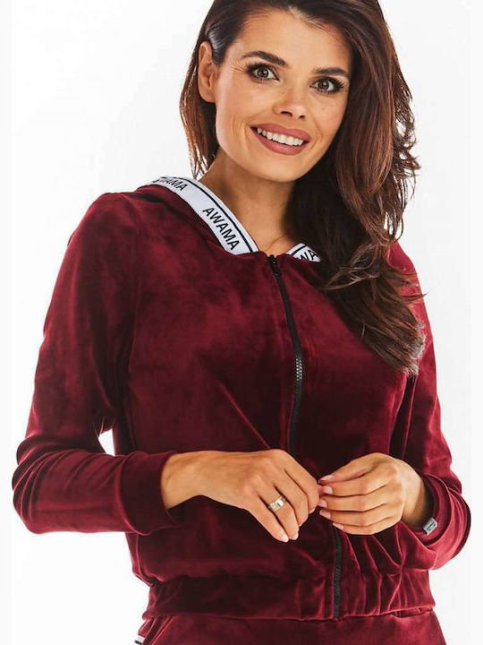 Awama Women's Hooded Velvet Cardigan Burgundy