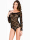 Minerva Lingerie Long Sleeve Bodysuit with Lace Black