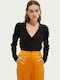 Wrap Women's Blouse Cotton Long Sleeve with V Neckline Black