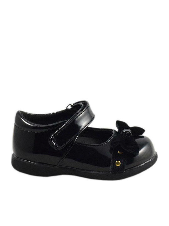 Kids Patent Leather Ballerinas with Hoop & Loop Closure Black