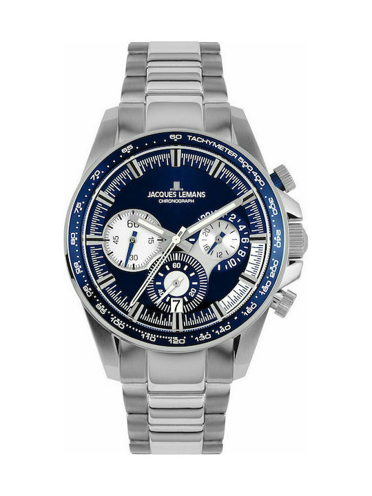 Jacques Lemans Liverpool Uhr Chronograph Batterie mit Silber Metallarmband