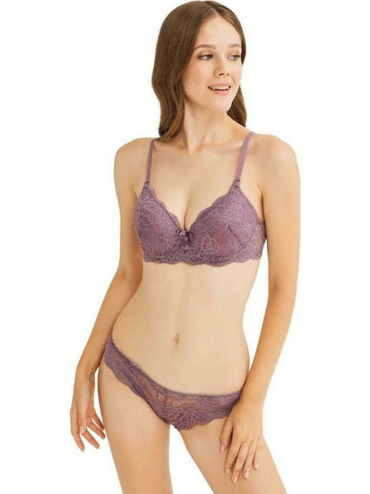 Cansoy Lace Underwear Set with Bra & Brazil Pur...