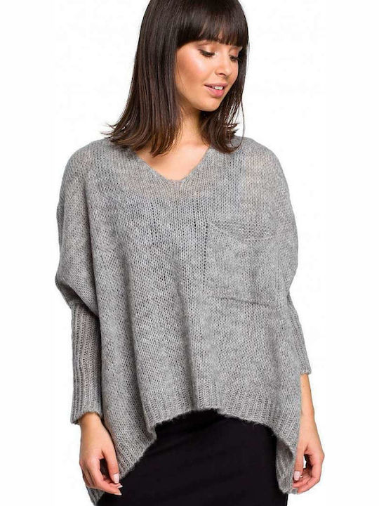 BE Knit Damen Langarm Pullover mit V-Ausschnitt Gray