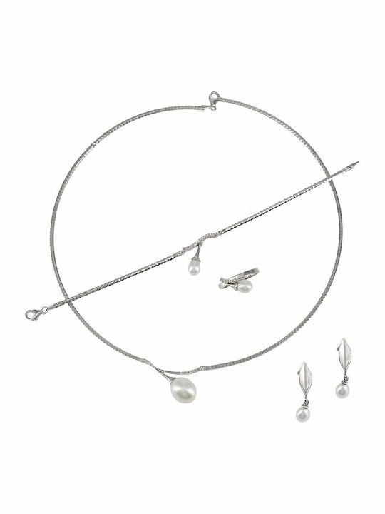 Mertzios.gr Set with Necklace , Earrings & Ring from White Gold 14K with Stones and Pearls