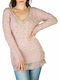 Yes Zee Women's Long Sleeve Pullover Wool with V Neck Pink