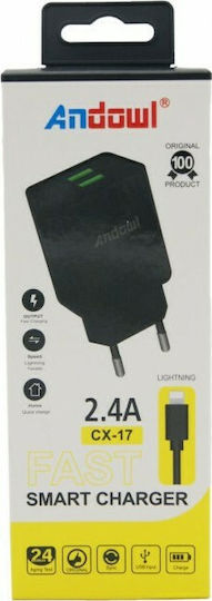 Andowl Φορτιστής με 2 Θύρες USB-A και Καλώδιο micro USB Μαύρος (CX-17)