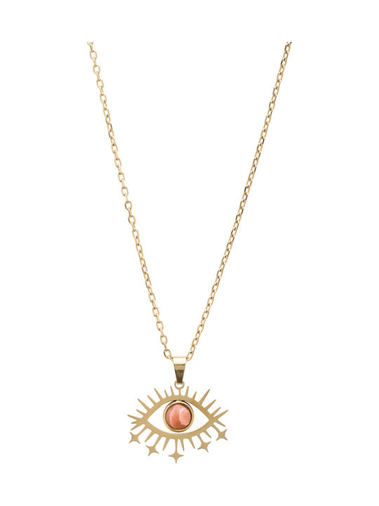 Gold Chain Necklace with Pendant Eye Rays with Pink Stone