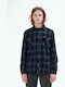 Men's Shirt Long Sleeve Cotton Checked Navy Blue