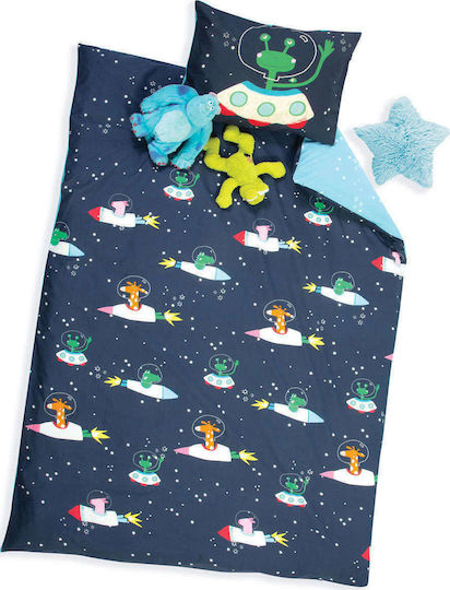 Nef-Nef Homeware Space Zoo Set Kids Duvet Cover Single with Pillowcase Cotton Blue Aqua 160x240cm
