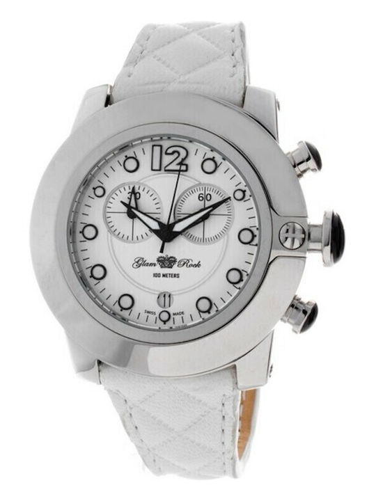 Glam Rock Γυναικείο Ρολόι 44mm Χρονογράφος Μπαταρίας με Λευκό Δερμάτινο Λουράκι