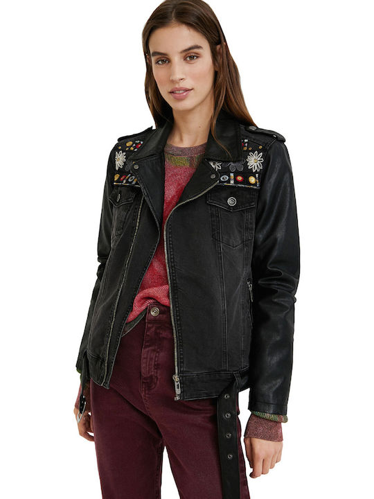 Merx Women's Short Biker Leather Jacket for Winter Black