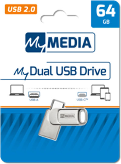 Verbatim MyMedia My Dual 64GB USB 2.0 Stick mit Verbindung USB-A & USB-C Silber