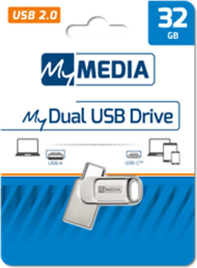 Verbatim MyMedia My Dual 32GB USB 2.0 Stick με σύνδεση USB-A & USB-C Ασημί