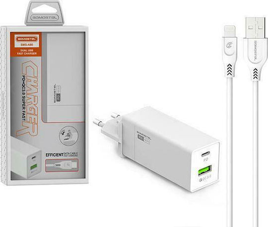 Somostel Φορτιστής με Θύρα USB-A και Θύρα USB-C και Καλώδιο Lightning 36W Power Delivery / Quick Charge 3.0 Λευκός (SMS-A80)