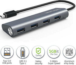 Wavlink UH3048C USB 3.0 4 Port Hub with USB-C Connection Gray