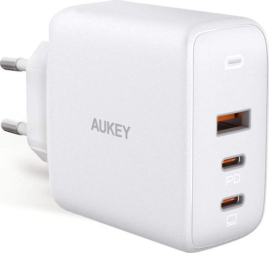 Aukey Φορτιστής Χωρίς Καλώδιο GaN με Θύρα USB-A και 2 Θύρες USB-C 90W Power Delivery Λευκός (PA-B6S)