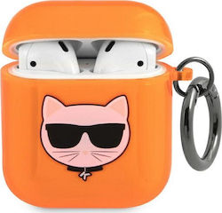 Karl Lagerfeld Choupette Hülle Silikon mit Haken in Orange Farbe für Apple AirPods 1 / AirPods 2