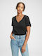 GAP Women's Summer Blouse Cotton Short Sleeve with V Neckline Black