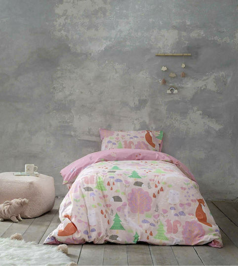 Nima Pretty Forest Set Husă de Pilotă pentru Copii, Single, cu Față de Pernă din Bumbac, Roz, 160x240 cm