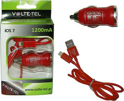Volte-Tel Φορτιστής Αυτοκινήτου Κόκκινος Συνολικής Έντασης 1.2A με μία Θύρα USB μαζί με Καλώδιο lightning iOS7