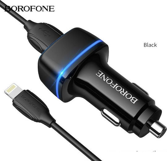 Borofone BZ14A Auto-Ladegerät 2.4A Schnellladung mit Anschlüssen: 1xUSB 1xType-C mit Kabel Blitzschlag Schwarz Farbe
