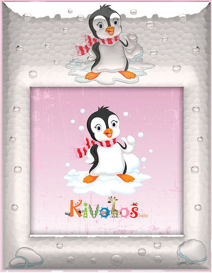 Slevori Pinguin Drăgălaș Ramă Foto pentru Copii Argintie Roz 10x10cm