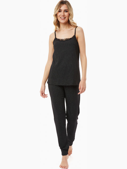 Minerva Women's Pyjama Set Black Floral Dots