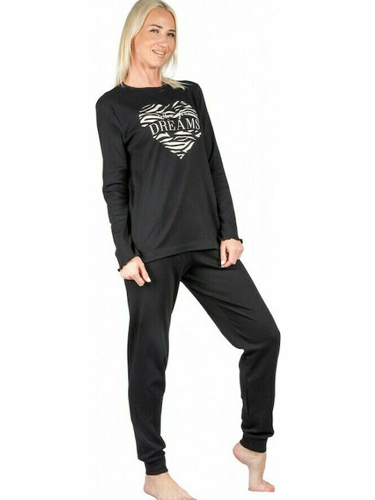 Nina Club Winter Damen Pyjama-Set Baumwolle Schwarz Dreams 630