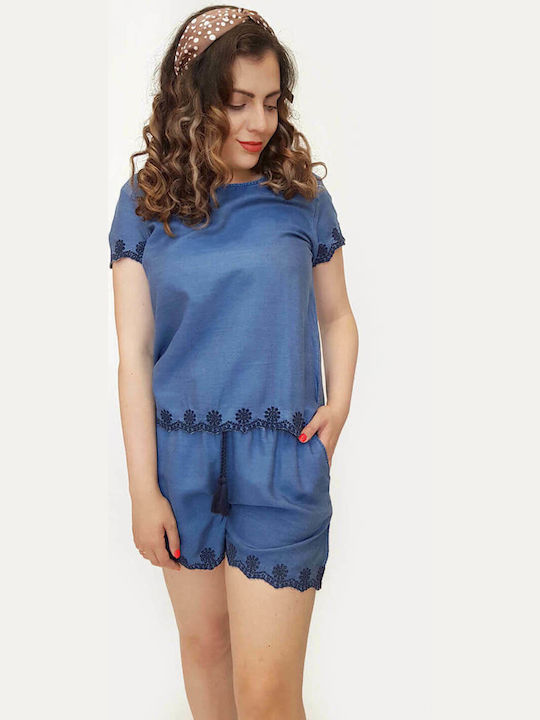 Losan Damen Sommer Bluse Kurzärmelig Blau