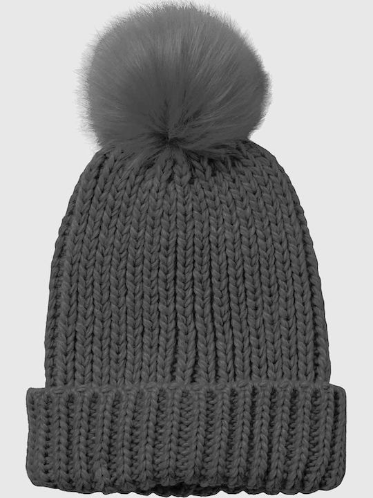 Pom Pom Beanie Γυναικείος Σκούφος με Rib Πλέξη σε Γκρι χρώμα