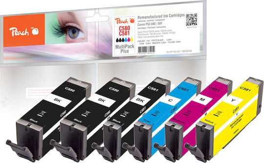Peach Πακέτο Συμβατών Μελανιών Εκτυπωτή InkJet Canon PGI-580/CLI-581 Πολλαπλό (Color) / Μαύρο 6τμχ