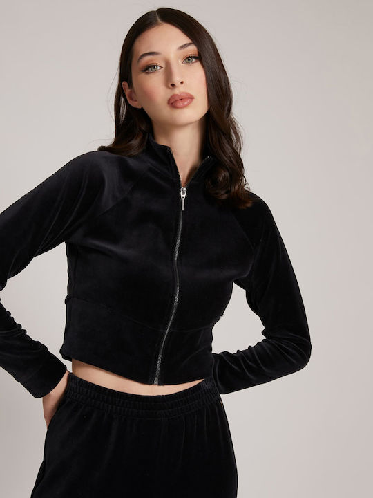 Cropped Γυναικεία Ζακέτα Φούτερ Βελουτέ Μαύρη