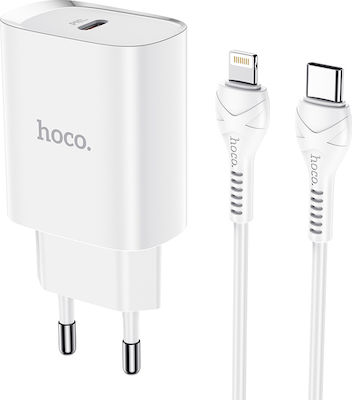 Hoco Φορτιστής με Θύρα USB-C και Καλώδιο Lightning Power Delivery Λευκός (N14)