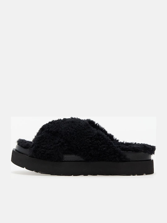 Ugg Australia Fuzz Sugar Cross Women's Flat Sandals in Black Color