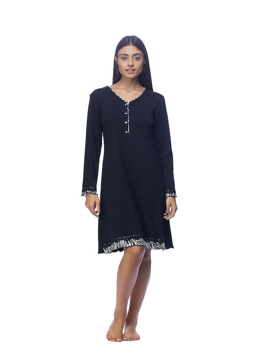 Zaboo Women's Winter Nightgown with Button Placket and V Neckline - ZB1058 Black