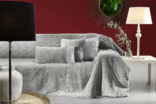 Guy Laroche Crusty Ριχτάρι Τριθέσιου Καναπέ Γούνινο 170x300εκ. Silver με Μαξιλαροθήκη