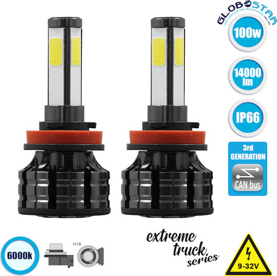 GloboStar Lampen Auto H16 Canbus LED 6000K Kaltes Weiß 12V 100W 2Stück