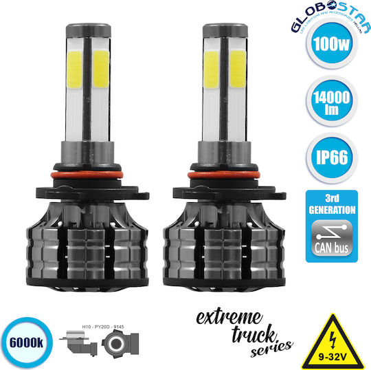 GloboStar Lampen Auto H10 Canbus LED 6000K Kaltes Weiß 12V 100W 2Stück