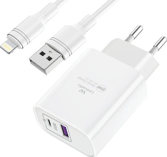 Leewello с USB-A порт и USB-C порт и кабел Lightning 20W Power Delivery / Quick Charge 3.0 Бял (CDQ-087 + SJX-190)