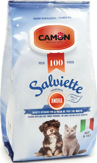 Camon Salviette 100 Dog & Cat Wipes for Body Cleansing with Amber Scent