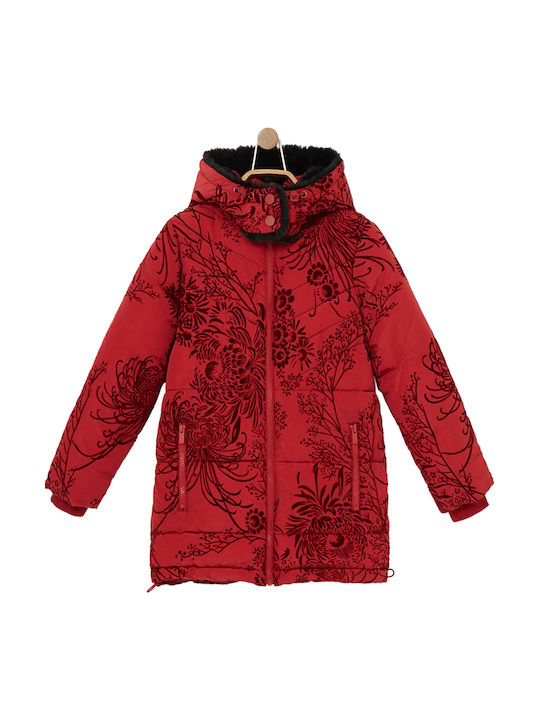 Desigual Kids' Parka Long with Hood Red Flowers