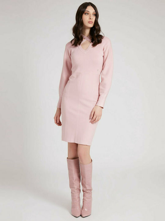 Guess Mini Dress Long Sleeve Knitted Pink