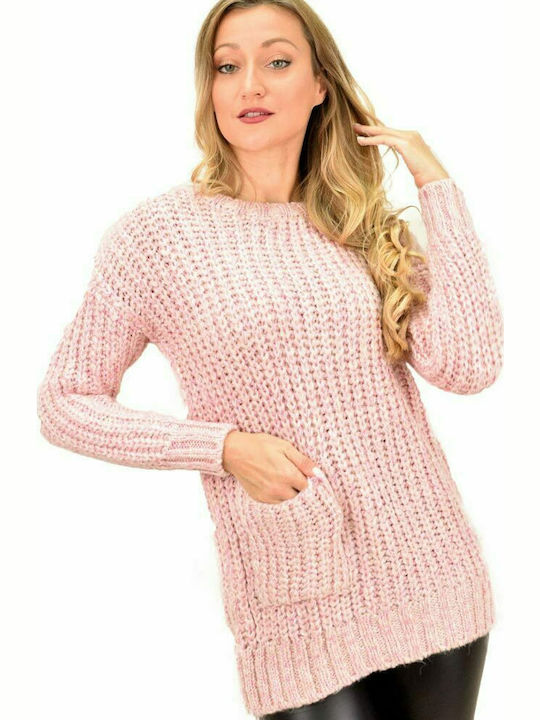 Women's blouse with multicoloured knit and pocket Pink 9165