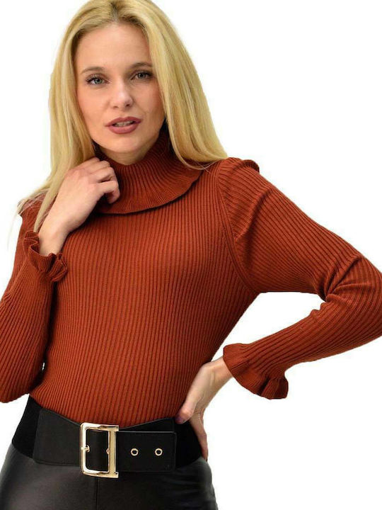 Knitted ribbed blouse with ruffles Ceramic 5703