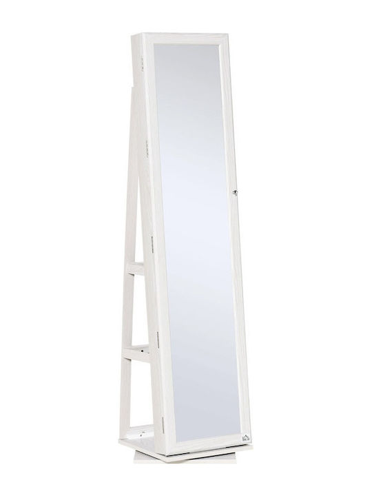 HomCom Καθρέπτης Δαπέδου με Ξύλινο Πλαίσιο Λευκός Περιστρεφόμενος με Κοσμηματοθήκη, Μπιζουτιέρα και 3 Ράφια 38x38x160εκ.