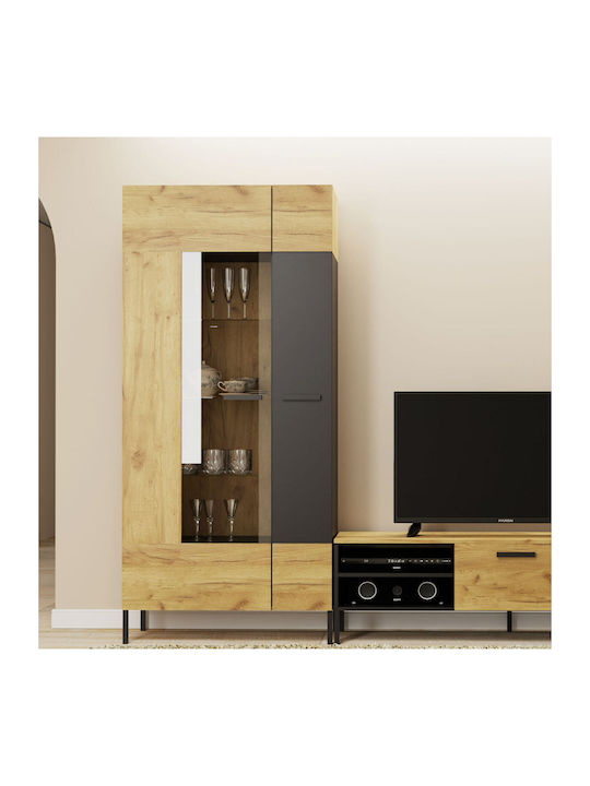 Santes Wohnzimmer Vitrine aus Spanplatte mit Verglasung Gold Eiche / Graphit 90x42x197.5cm