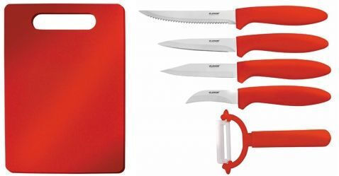 Elekom Rectangular Plastic Chopping Board Set with Knives & Peeler Red 5pcs